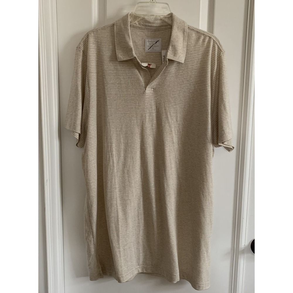 Abercrombie & Fitch Polo Shirt Men's XXL Beige Striped Short Sleeve Casual Linen